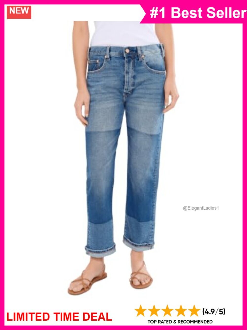 Mid-Rise Girlfriend Jeans Straight Leg Cuffed Relaxed Fit Denim